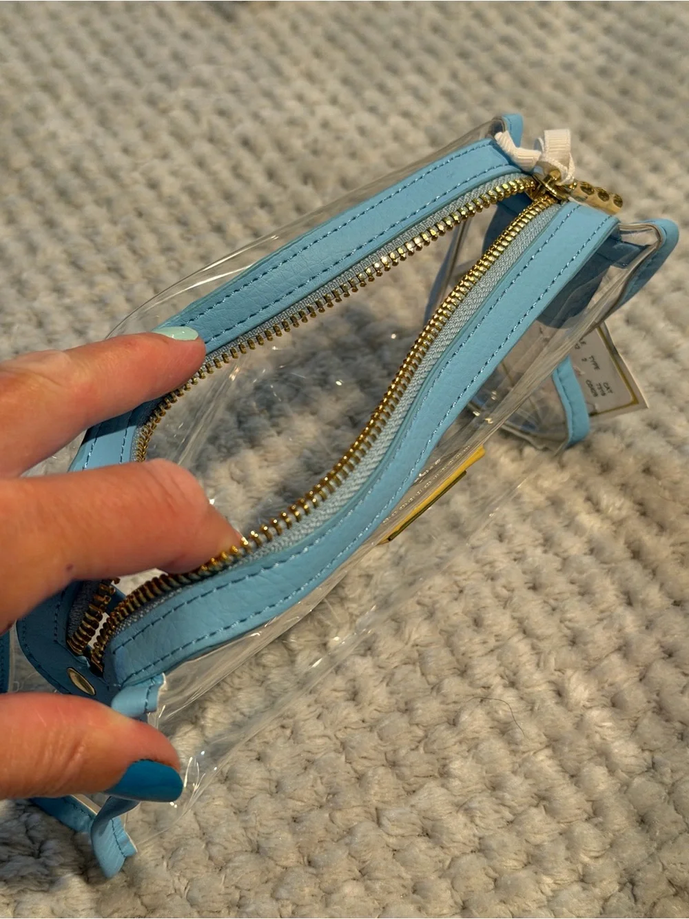 Lilly Pulitzer clear cosmetic pouch with light blue trim